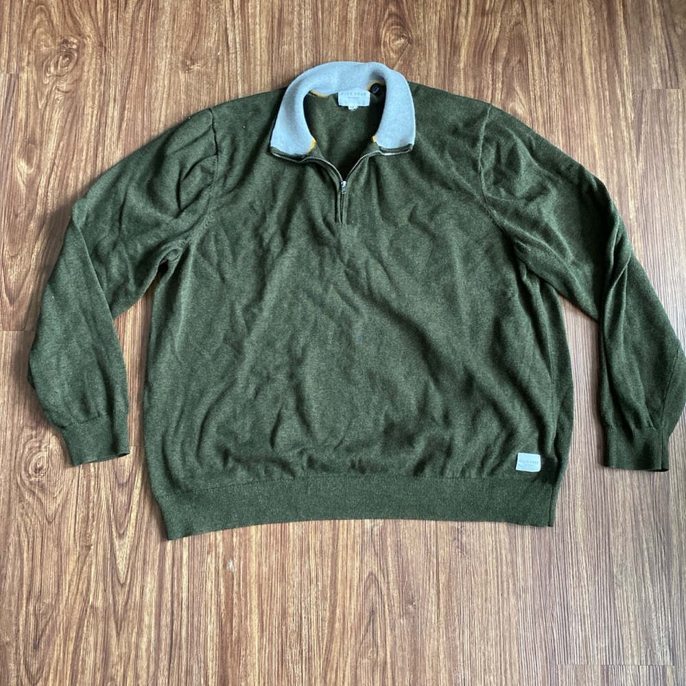 Five Four Los Angeles Quarter Zip Green Sweater with Grey Collar.